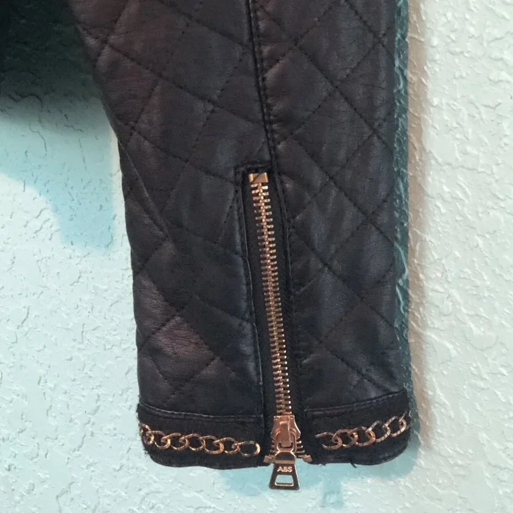 Members Only Womens Zip Front Moto Jacket Small Black Gold Tone Chain Link FLAWS - Picture 7 of 13